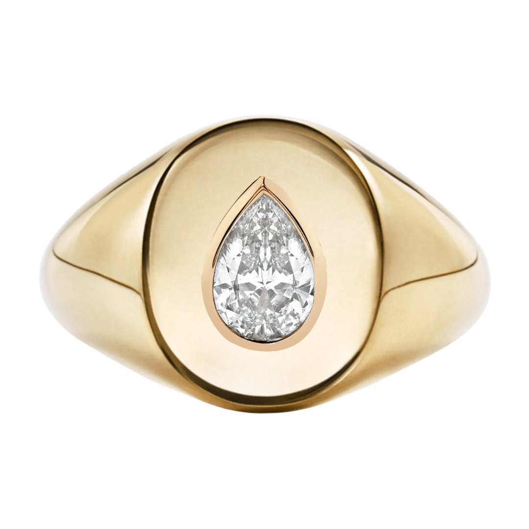 14K Gold Signet Pear Diamond Bezel Ring